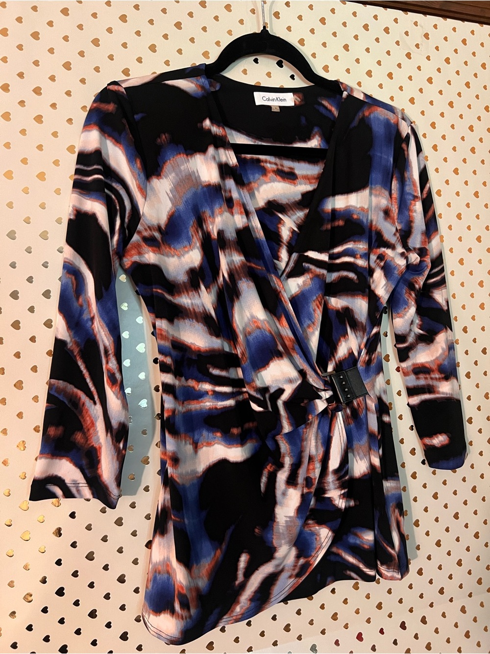 Calvin Klein Blue, Black & White Abstract Wrap Dress